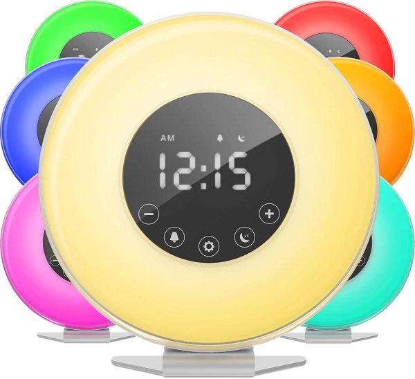 1Pack 8 Nature Sounds & Snooze 320 Lux Sunrise Simulation Wake Up Light Full Screen Digital Alarm Clock for Bedrooms Radio Heavy Sleepers Adults Kids Sunrise Alarm Clock Fluent Color No Shadow 