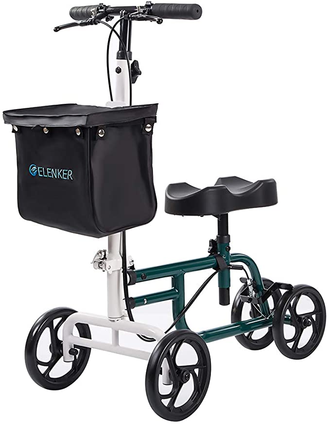 ELENKER Best Value Knee Walker Steerable Medical Scooter Crutch Alternative with Dual Braking System Green+White