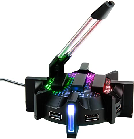 ENHANCE Pro Gaming Mouse Bungee Cable Holder with 4 Port USB Hub - 7 LED Color Modes with RGB Lighting - Wire & Cord Management Support for Improved Accuracy