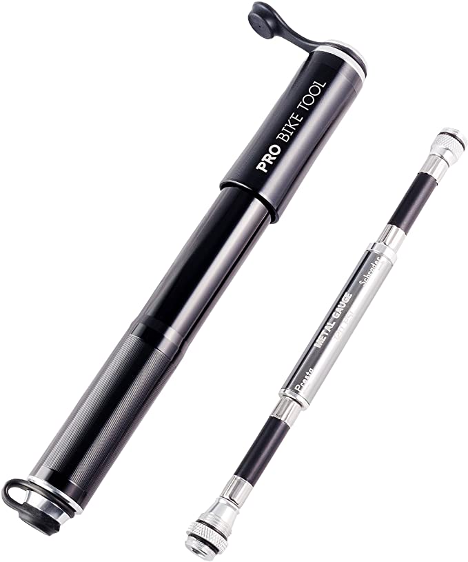 PRO BIKE TOOL Bike Pump with Gauge Fits Presta and Schrader - Accurate Inflation - Mini Bicycle Tire Pump for Road