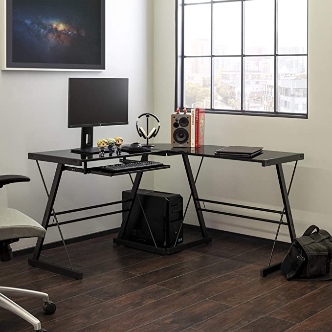 Walker Edison Ellis Modern Glass Top L Shaped Corner Gaming Desk with Computer Keyboard Tray