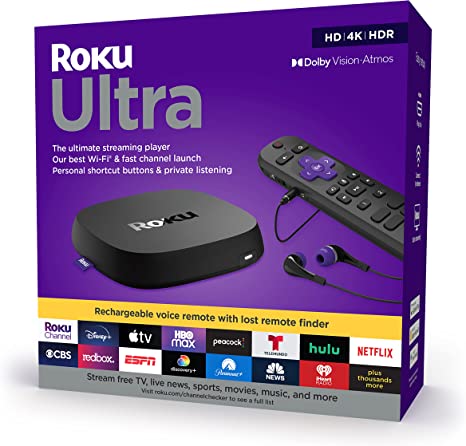 Roku Ultra 2022 4K/HDR/Dolby Vision Streaming Device and Roku Voice Remote Pro with Rechargeable Battery